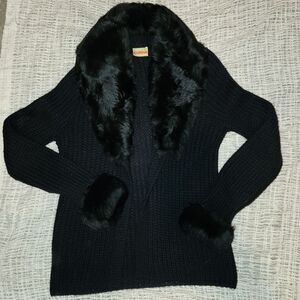 Vintage Knitina womens black faux fur open  cardigan sz S/M (pics)goth quiet lux